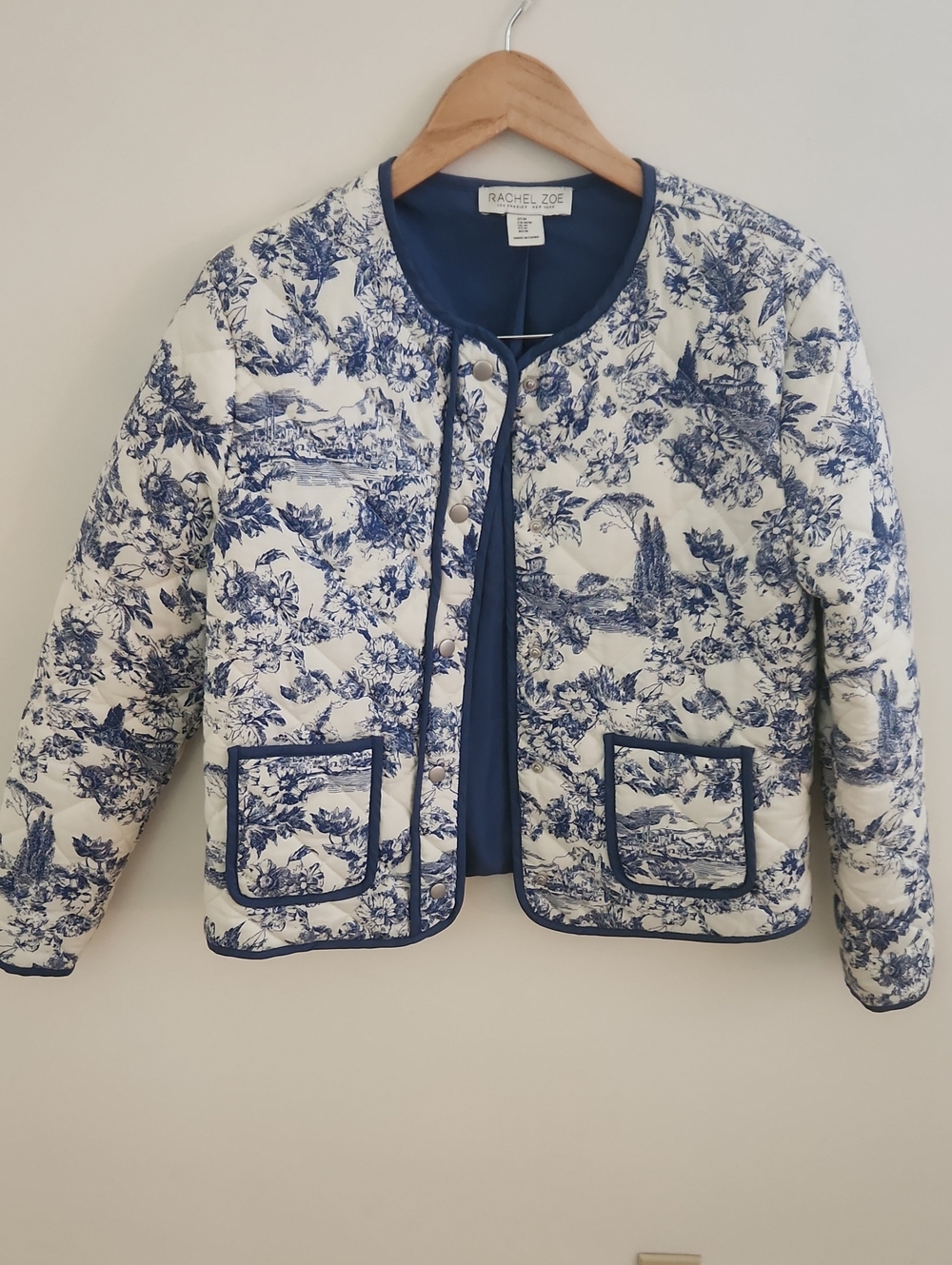 Rachel Zoe Blue & White Quilted Jacket Medium Coastal Cottagecore